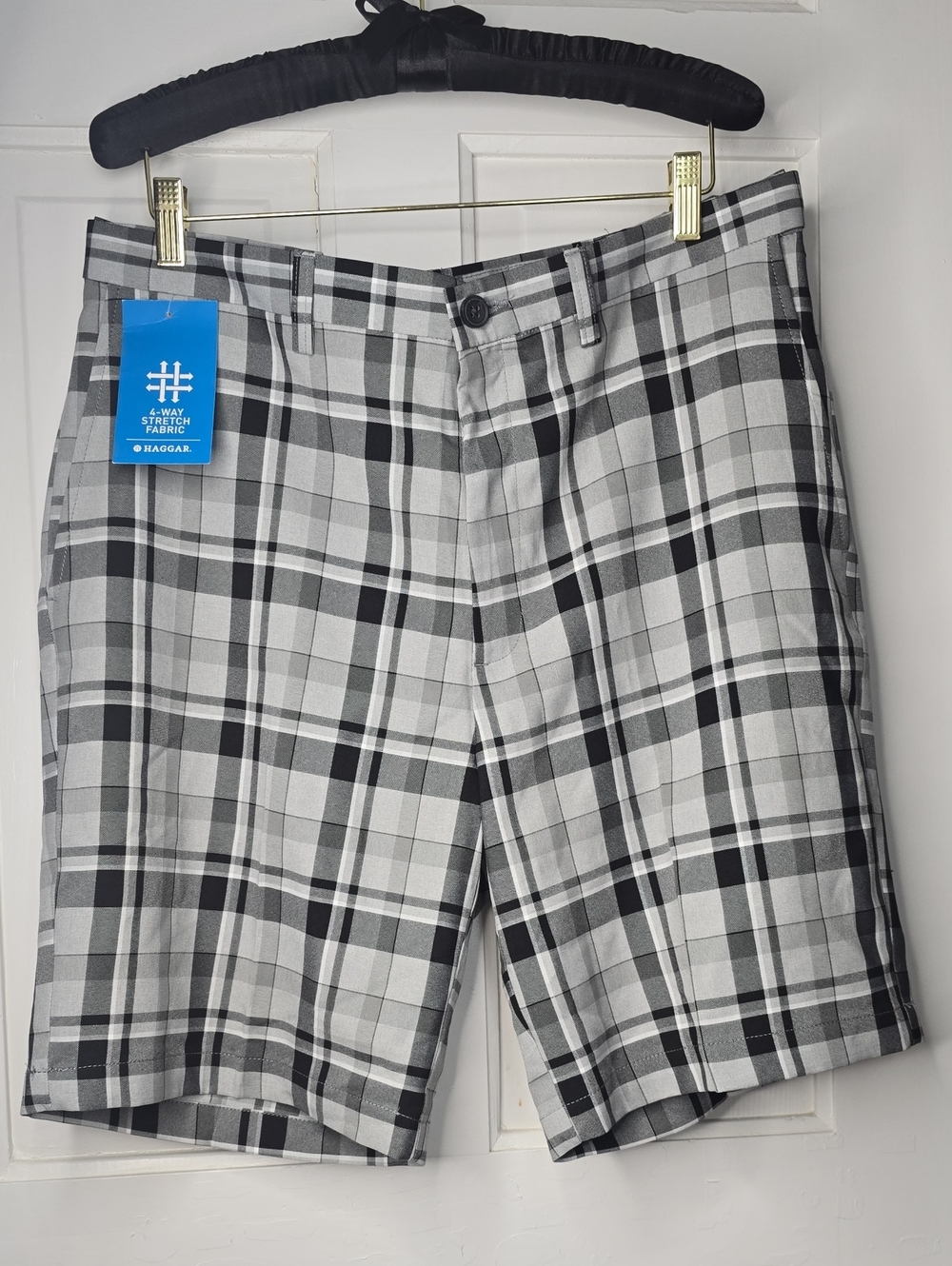 Haggar Plaid Black & Gray Stretch Flat Front Shorts